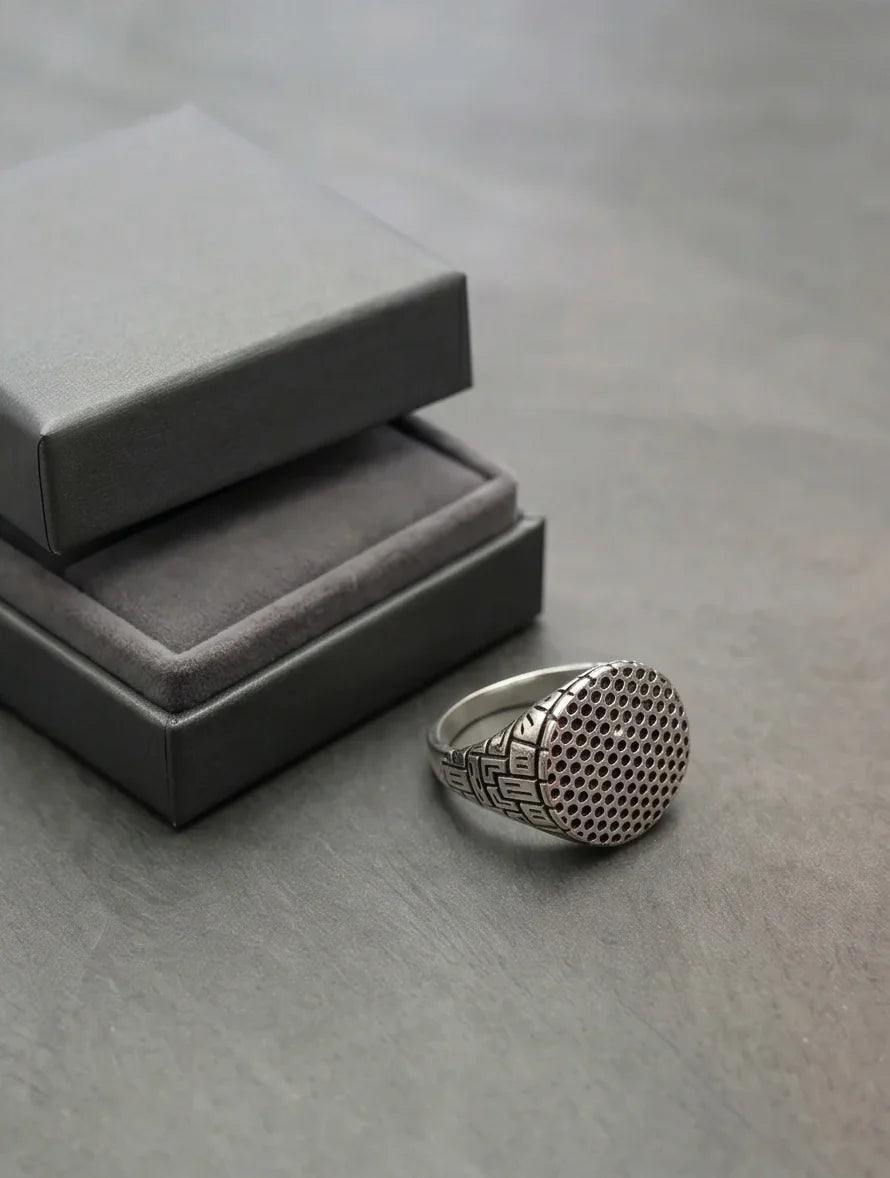 Sterling Silver Industrial Perforated Round Signet Ring