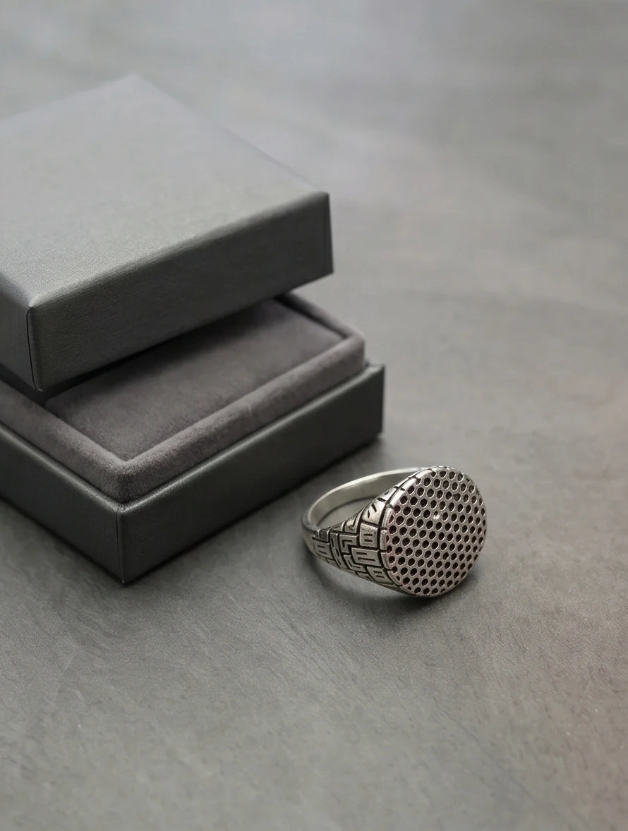 Sterling Silver Industrial Perforated Round Signet Ring
