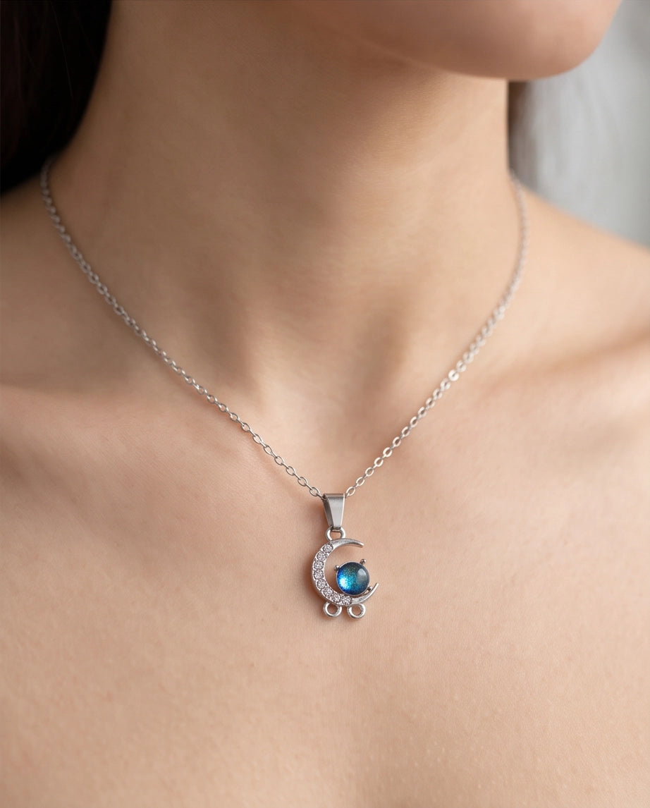 Silver Crystal Crescent Moon & Cosmic Blue Stone Pendant Necklace