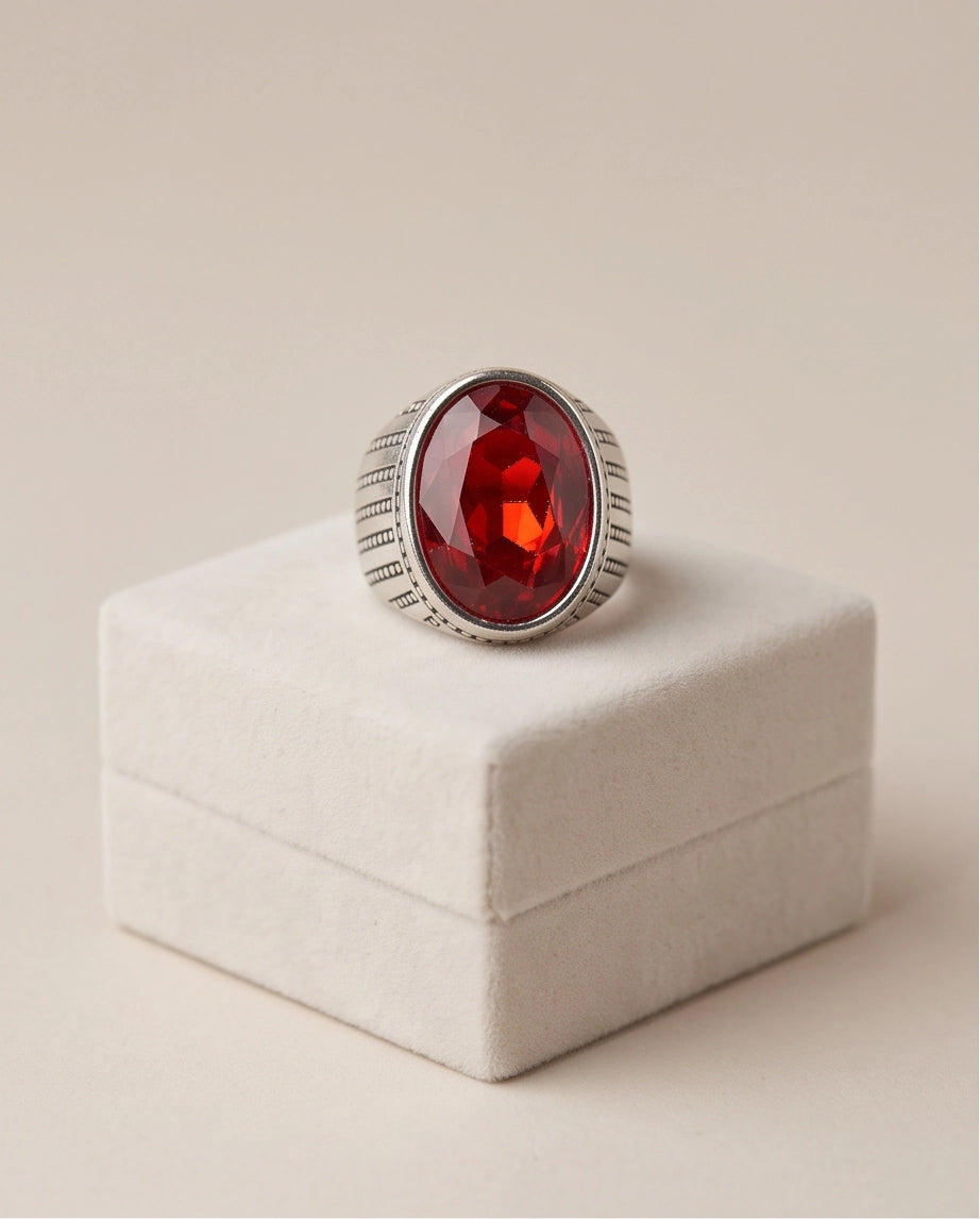 Ruby Gemstone Beaded Surround Vertical Ribbed Silver Ring
