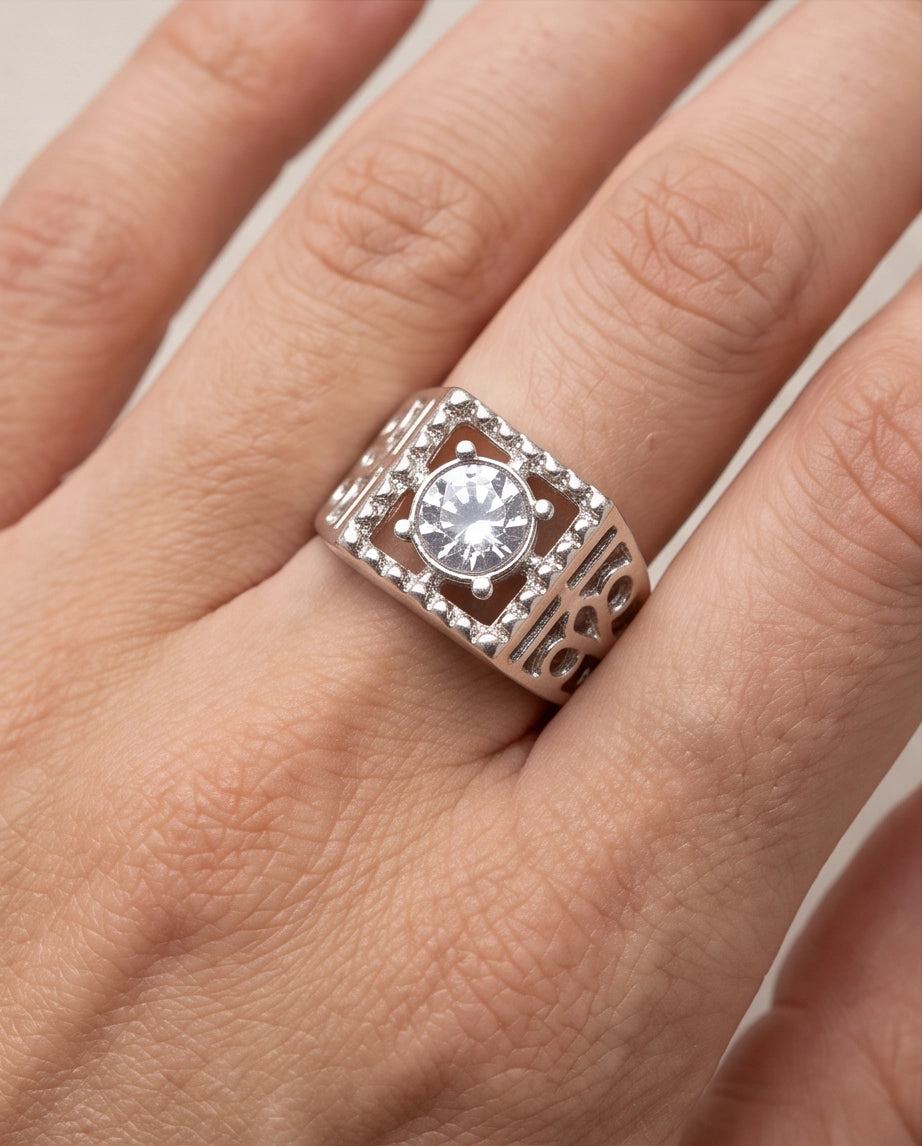 Clear Gemstone Square Sawtooth Bezel Filigree Cutout Silver Ring