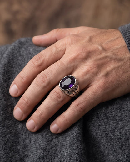 Amethyst Gemstone Notched Bezel Geometric Diamond Silver Ring