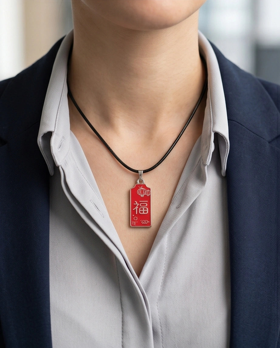 Traditional Red Rectangular "Fu" Blessings Pendant Necklace