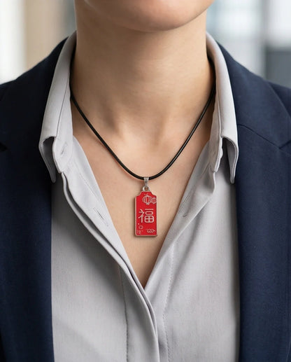 Traditional Red Rectangular "Fu" Blessings Pendant Necklace