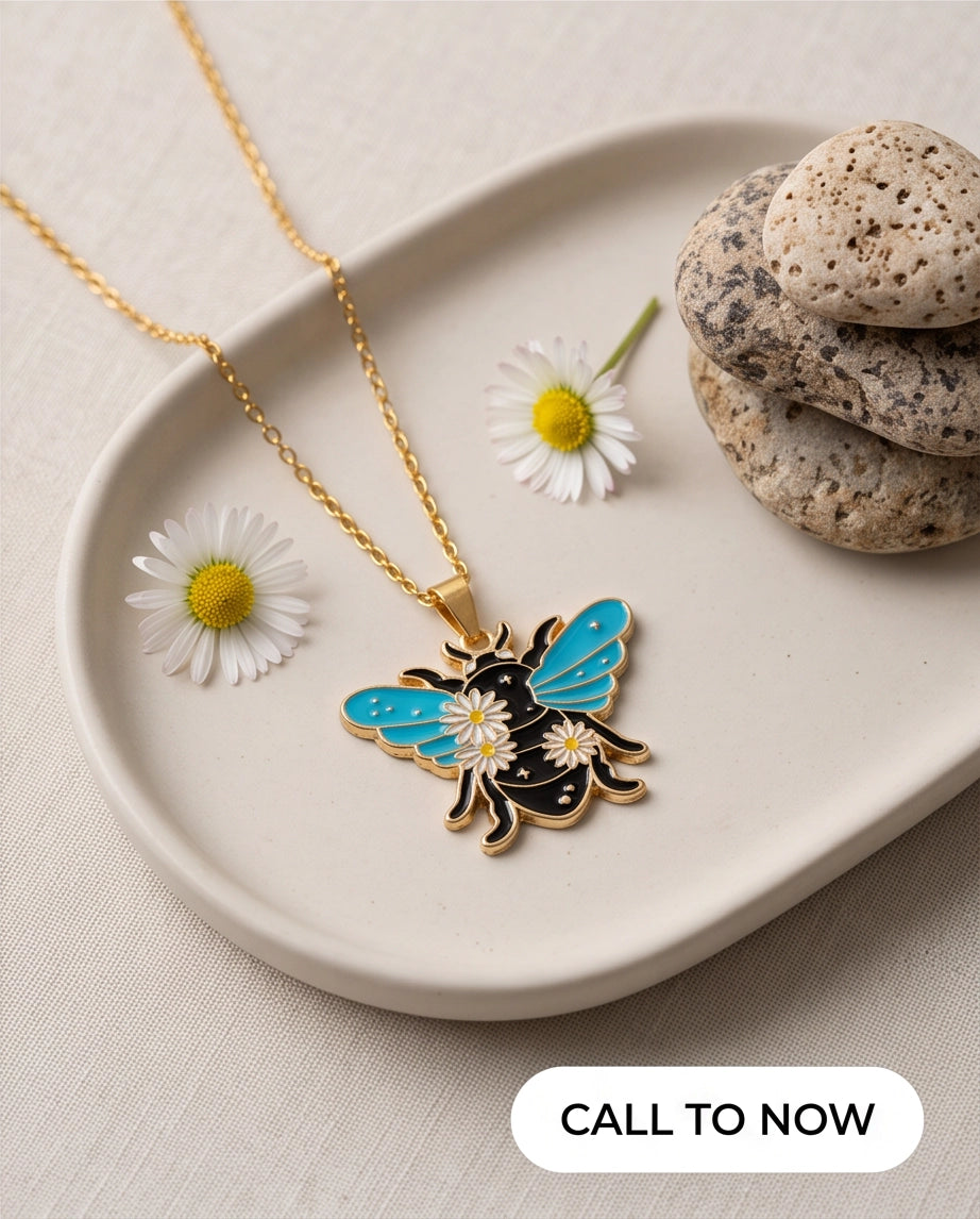 Gold Daisy Honeybee Enamel Chain Necklace