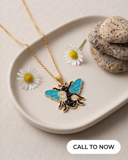 Gold Daisy Honeybee Enamel Chain Necklace