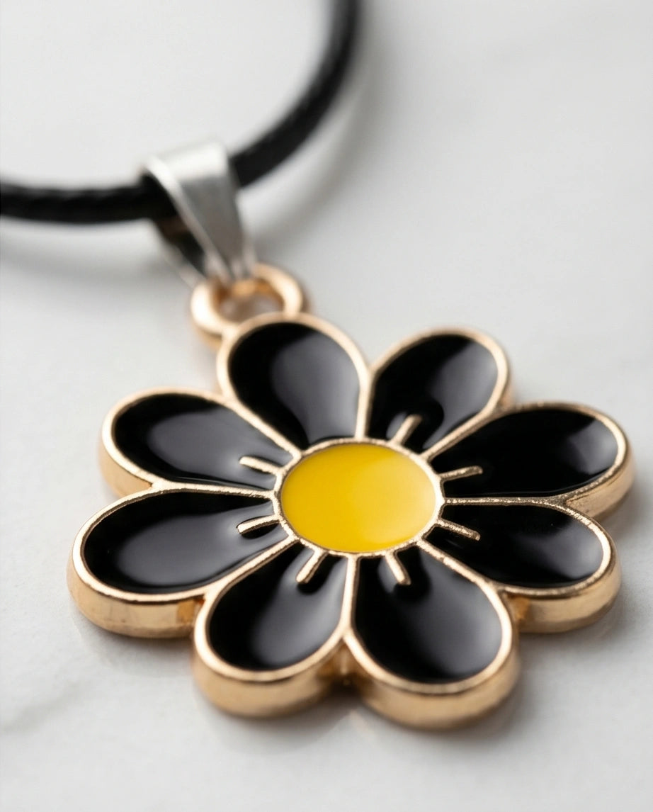 Gold and Black Daisy Pendant Necklace