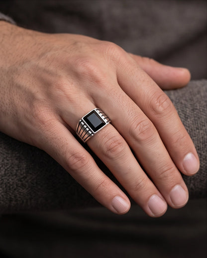 Pyramid Cut Onyx-Style Fluted Shoulder Silver Ring