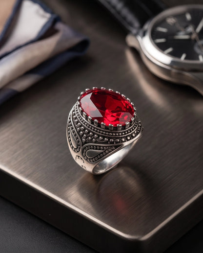 Ruby Gemstone Crown Prong Bezel Teardrop Filigree Silver Ring
