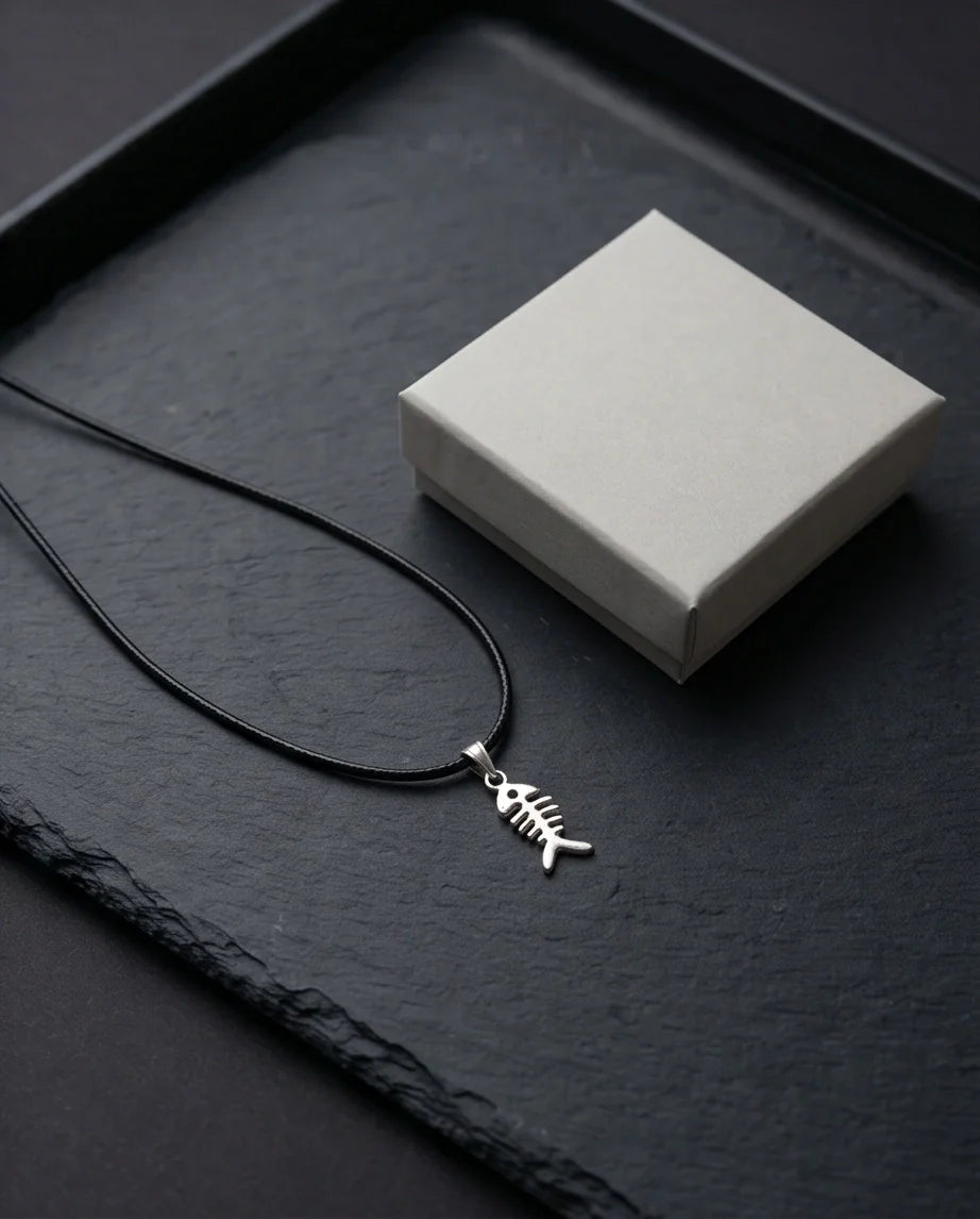 Silver Quirky Fishbone Pendant Necklace