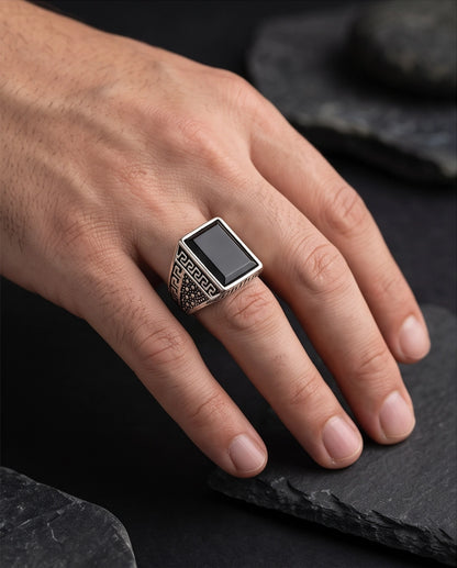 Onyx Gemstone Rectangular Flat-Top Greek Key Silver Ring
