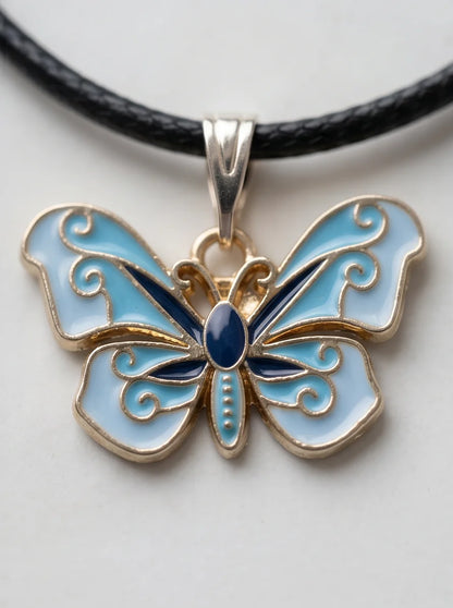 Blue Enamel Butterfly Pendant Necklace