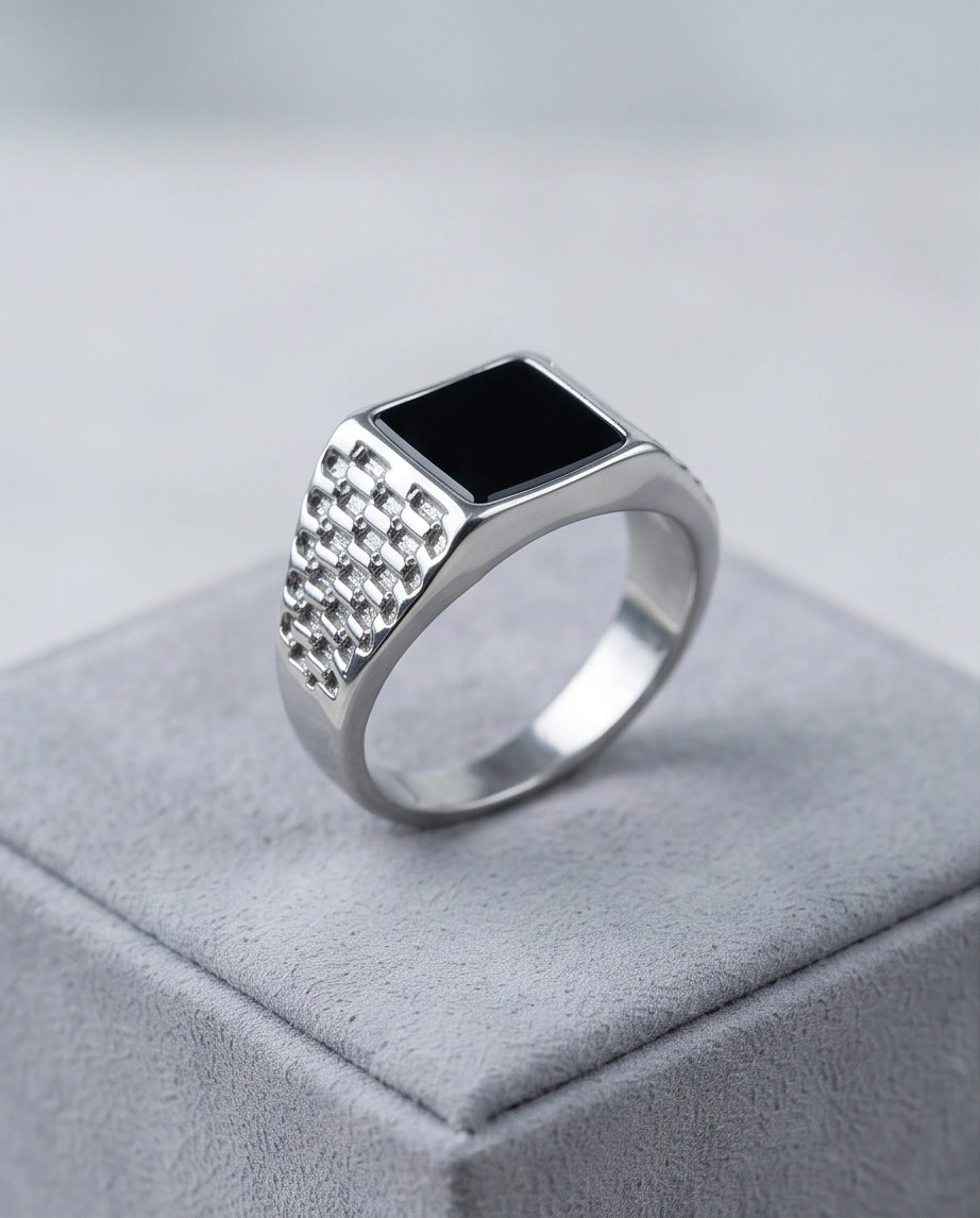 Onyx-Style Square Inlay Brick-Link Band Silver Ring