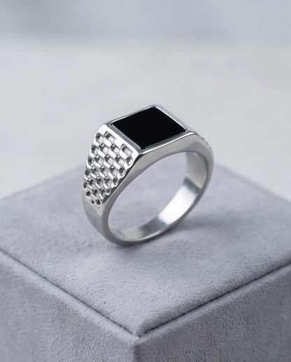 Onyx-Style Square Inlay Brick-Link Band Silver Ring