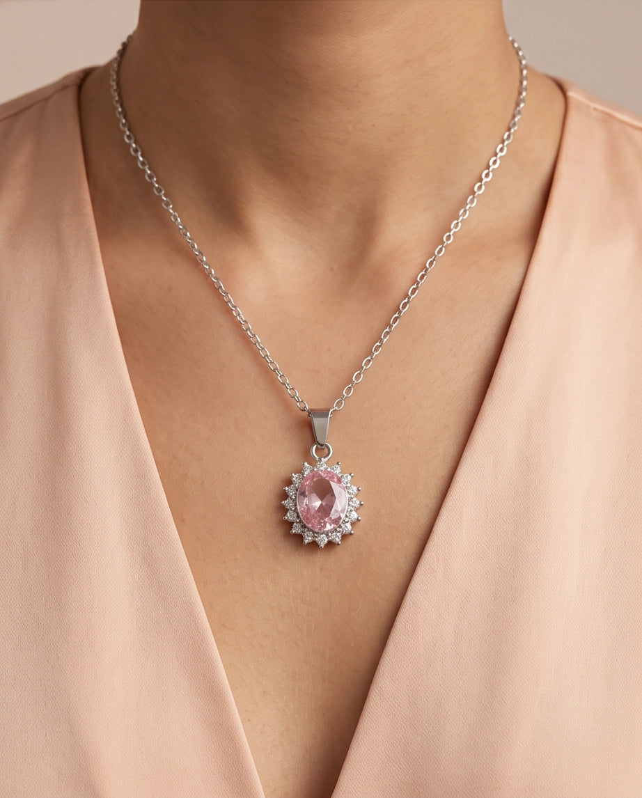 Silver Pink Crystal Oval Halo Medallion Pendant Necklace