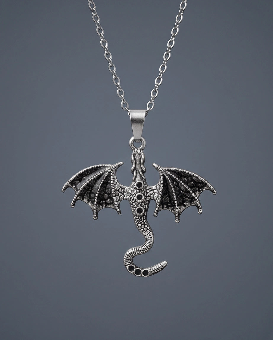 Silver Oxidized Dragon Wyvern Pendant Necklace