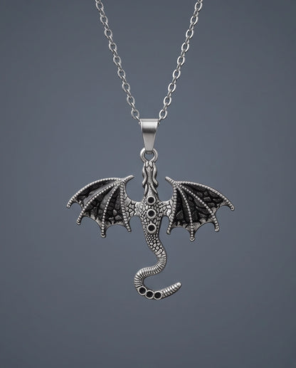 Silver Oxidized Dragon Wyvern Pendant Necklace