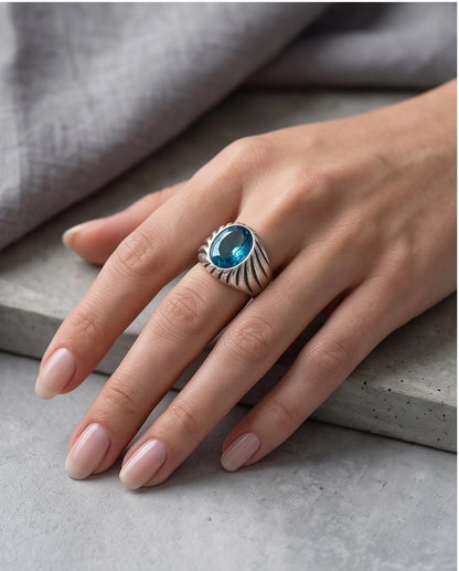 Teal Oval-Cut Gemstone Fluted Cable-Texture Silver Ring