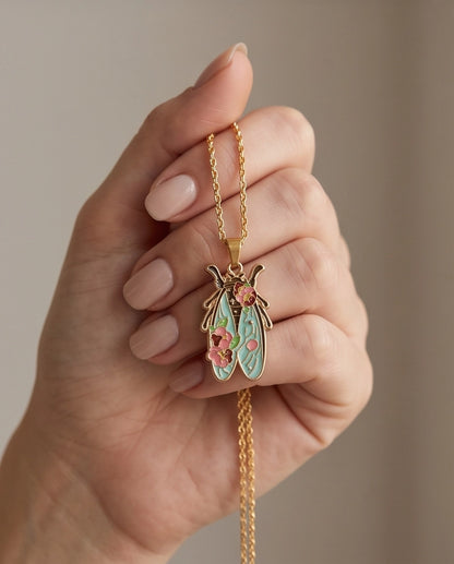 Gold Floral Cicada Enamel Chain Necklace