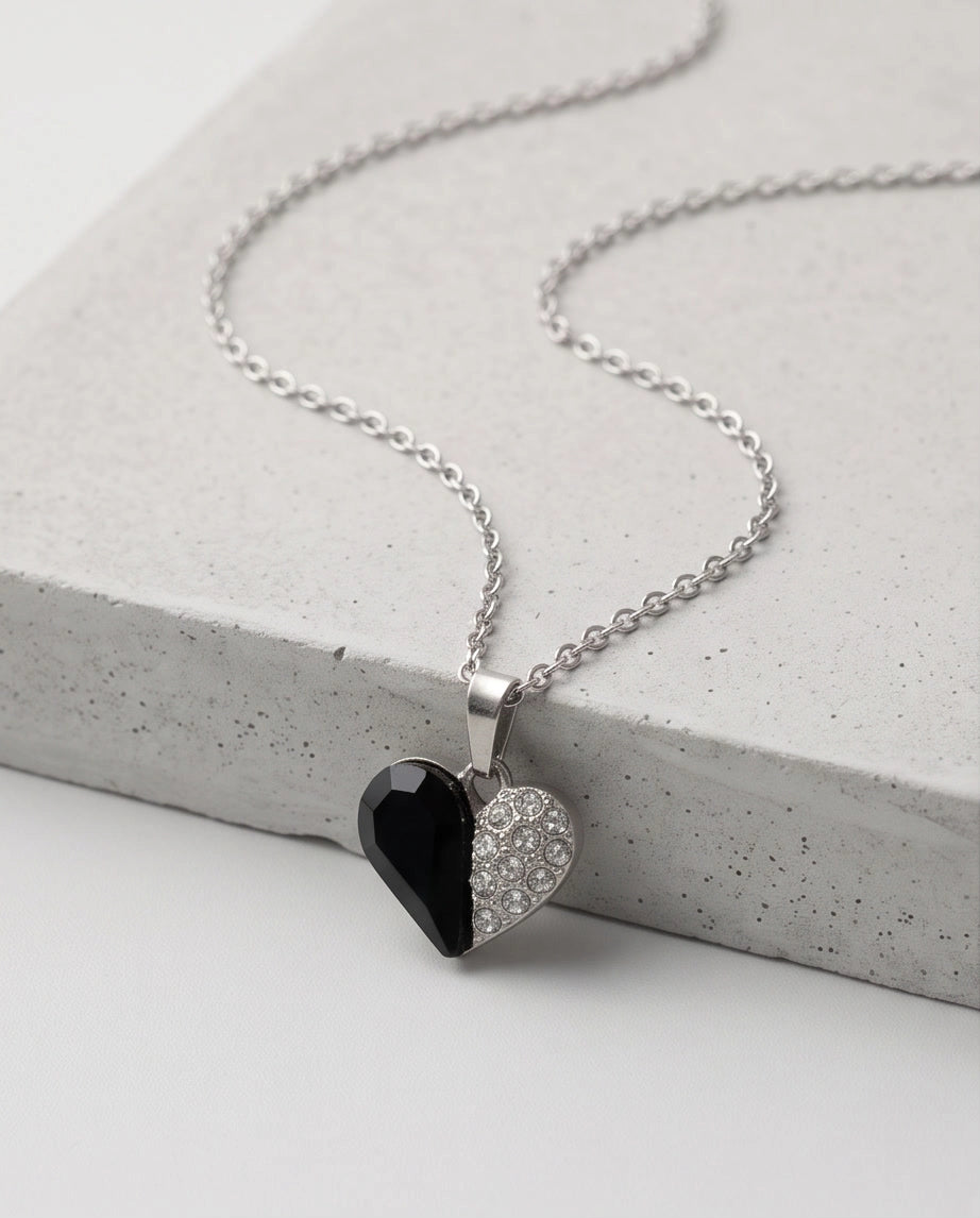 Silver Onyx Heart Pavé Pendant Necklace