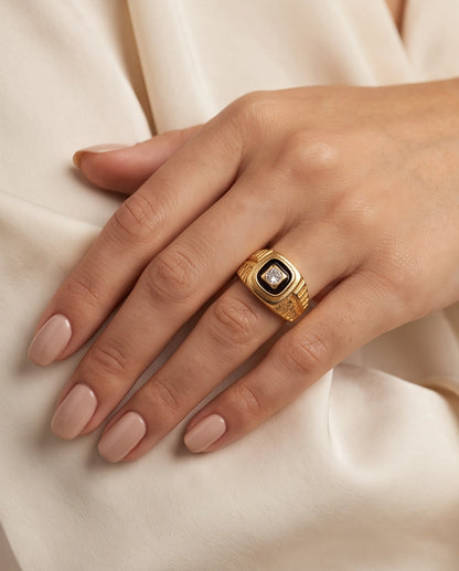 Concentric Cushion Clear Gemstone Onyx Frame Art Deco Gold Ring