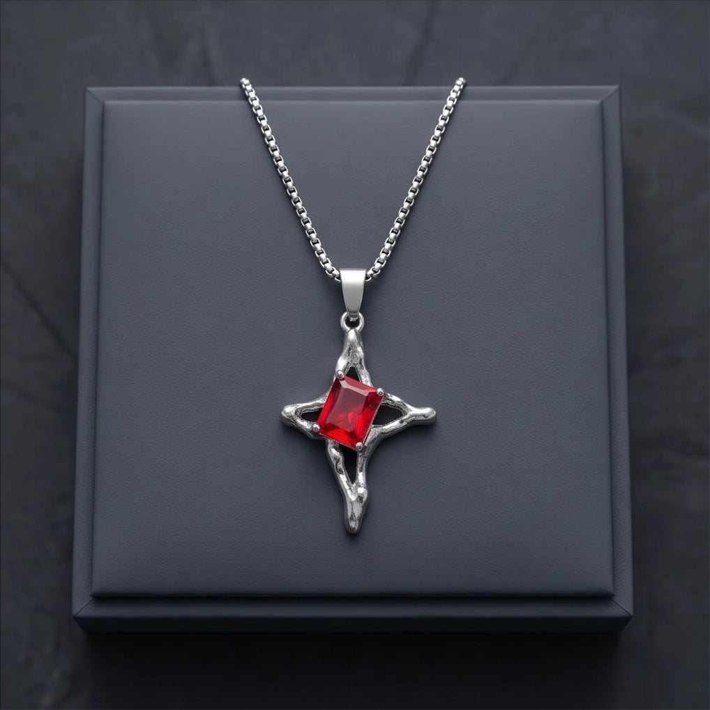 Silver Red Gemstone Gothic Cross Pendant Necklace