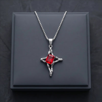Silver Red Gemstone Gothic Cross Pendant Necklace