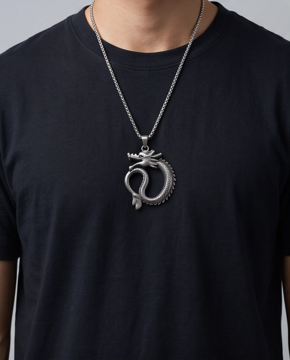 Silver Coiled Ouroboros Dragon Pendant Necklace