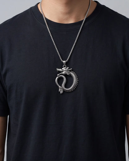 Silver Coiled Ouroboros Dragon Pendant Necklace