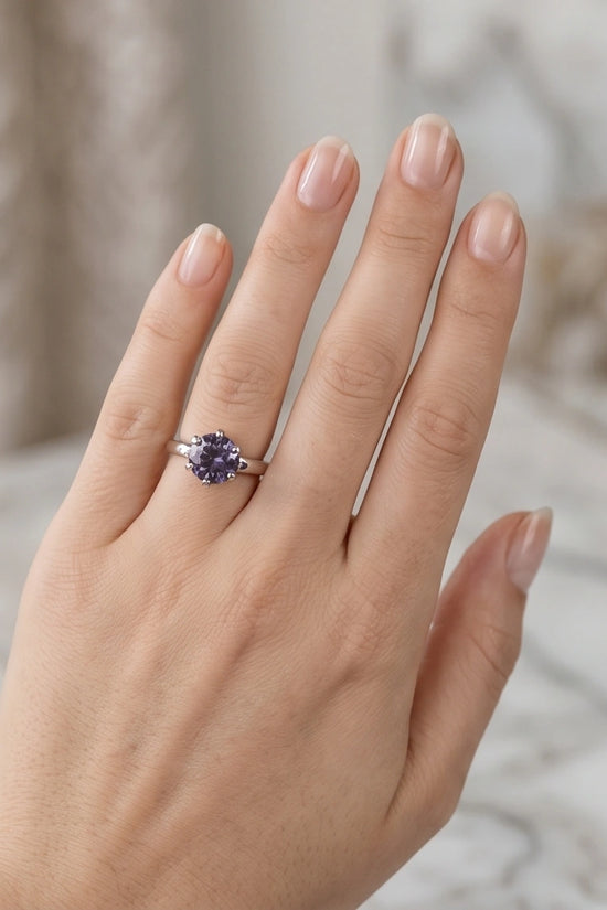 Sterling Silver Amethyst Purple Round Cut Solitaire Ring