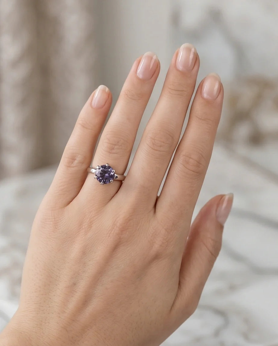 Sterling Silver Amethyst Purple Round Cut Solitaire Ring