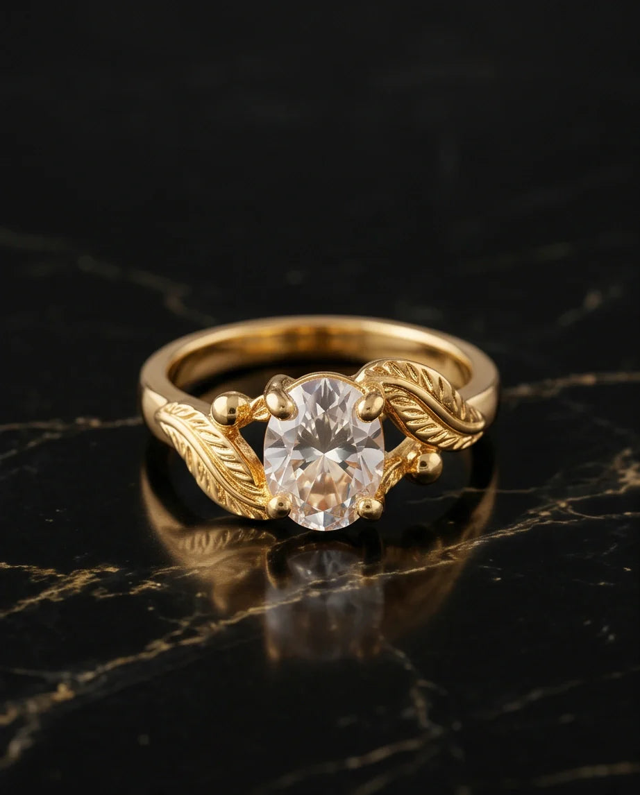 Golden Crystal Moissanite Botanical Leaf Ring