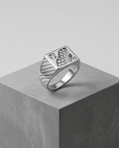 Abstract Textured Multi-Inlay Asymmetrical Signet Silver Ring