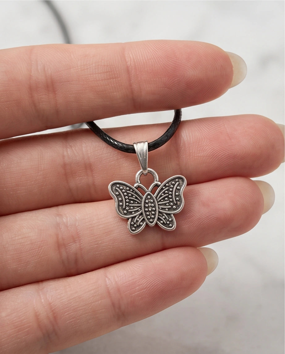 Silver Textured Butterfly Pendant Necklace