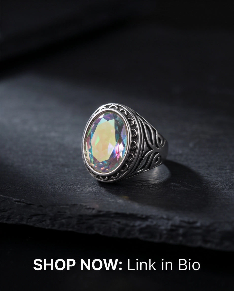 Mystic Rainbow Iridescent Oval-Cut Gemstone Ornate Bezel Silver Ring