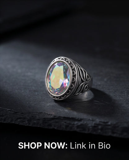 Mystic Rainbow Iridescent Oval-Cut Gemstone Ornate Bezel Silver Ring