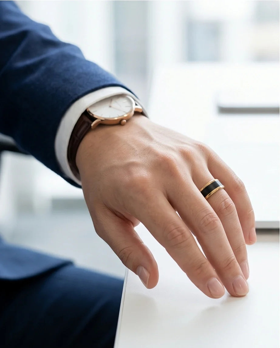 Classic Gold Black Enamel Band Ring