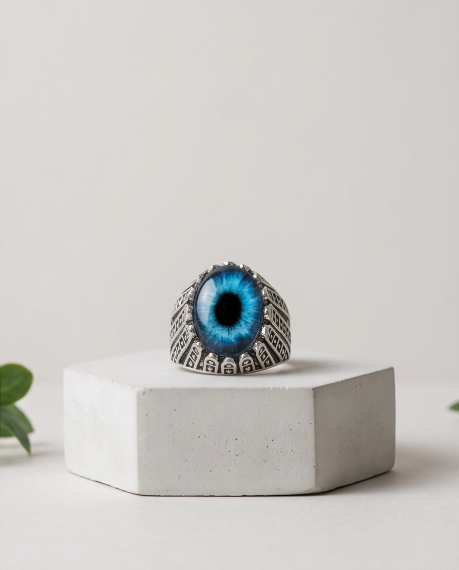 Cerulean Evil Eye Cabochon Architectural Bezel Silver Ring