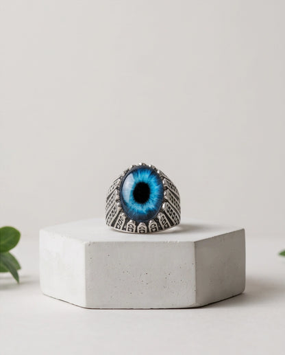Cerulean Evil Eye Cabochon Architectural Bezel Silver Ring