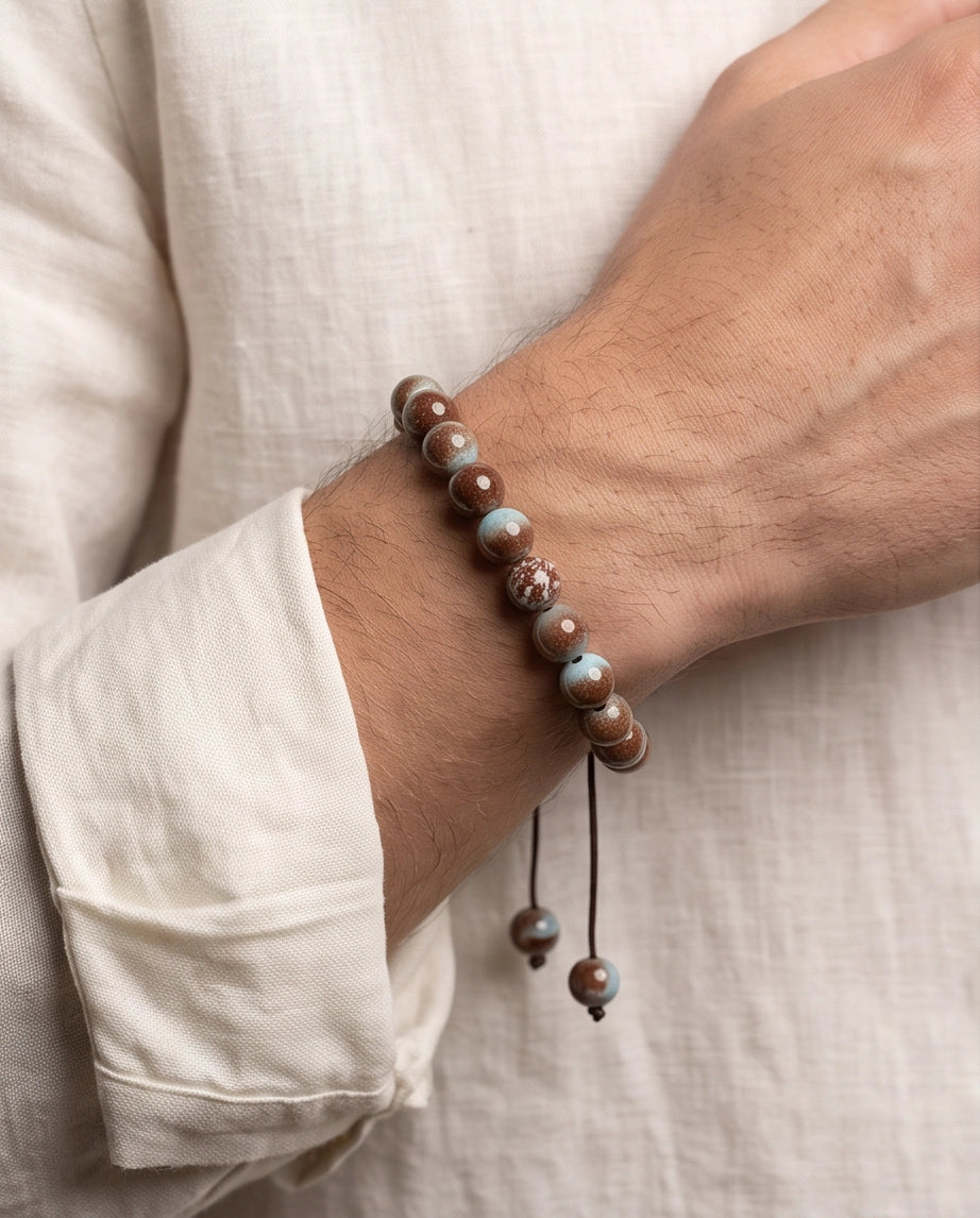 Earthy Rust & Teal Two-Tone Stone Beaded Adjustable Macrame Bracelet