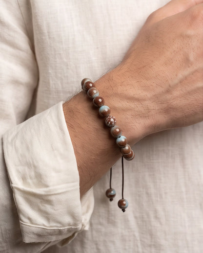 Earthy Rust & Teal Two-Tone Stone Beaded Adjustable Macrame Bracelet