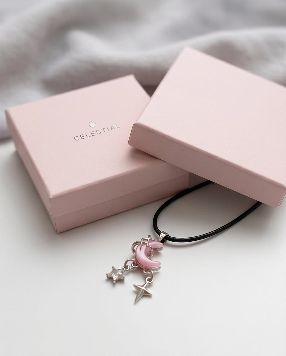 Celestial Pink Moon & Dangle Stars Necklace