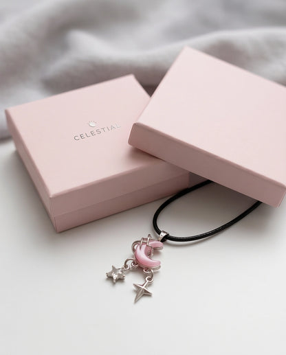 Celestial Pink Moon & Dangle Stars Necklace