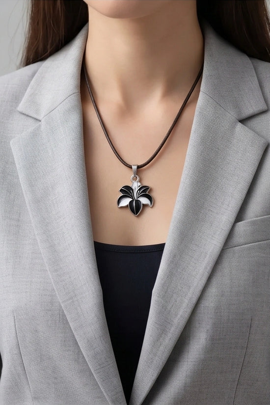 Bold Black and White Lily Enamel Pendant Necklace