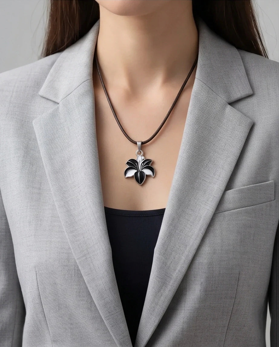 Bold Black and White Lily Enamel Pendant Necklace