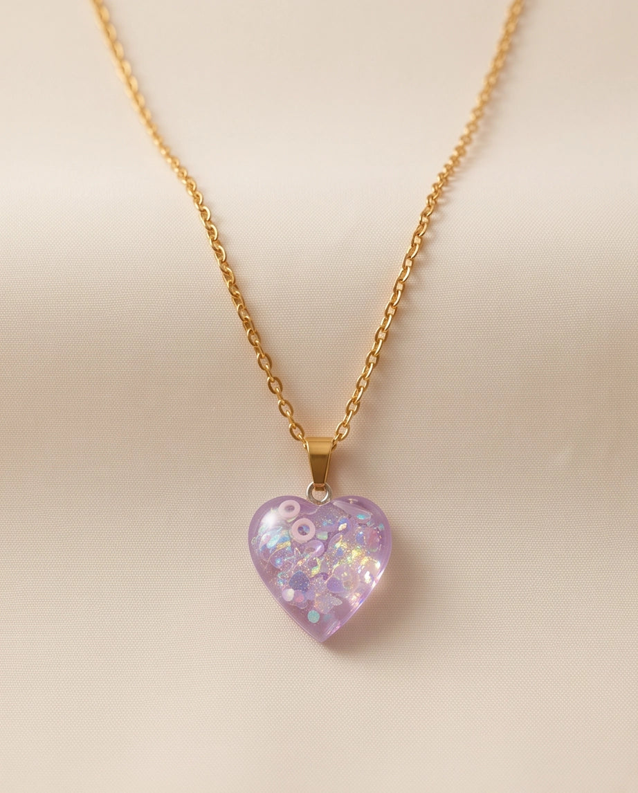 Silver Lavender Glitter Heart Resin Pendant Necklace