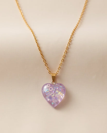 Silver Lavender Glitter Heart Resin Pendant Necklace