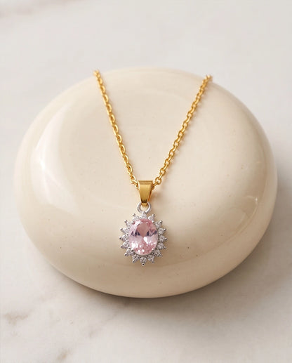 Silver Pink Crystal Oval Halo Medallion Pendant Necklace