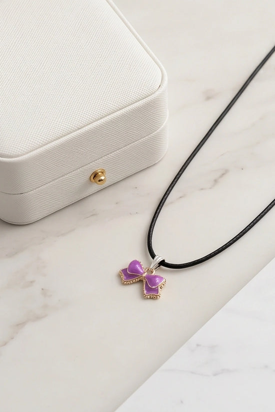 Glossy Purple Bow Enamel Pendant Necklace