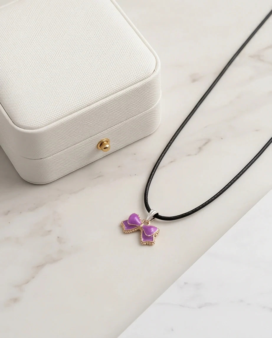 Glossy Purple Bow Enamel Pendant Necklace